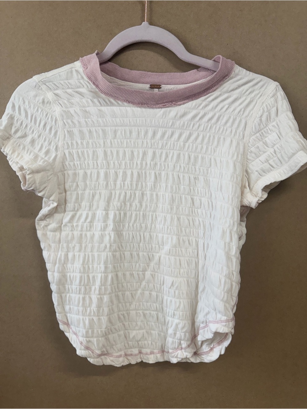 Free People White Smocked Short Sleeve Top with Pink Trim
